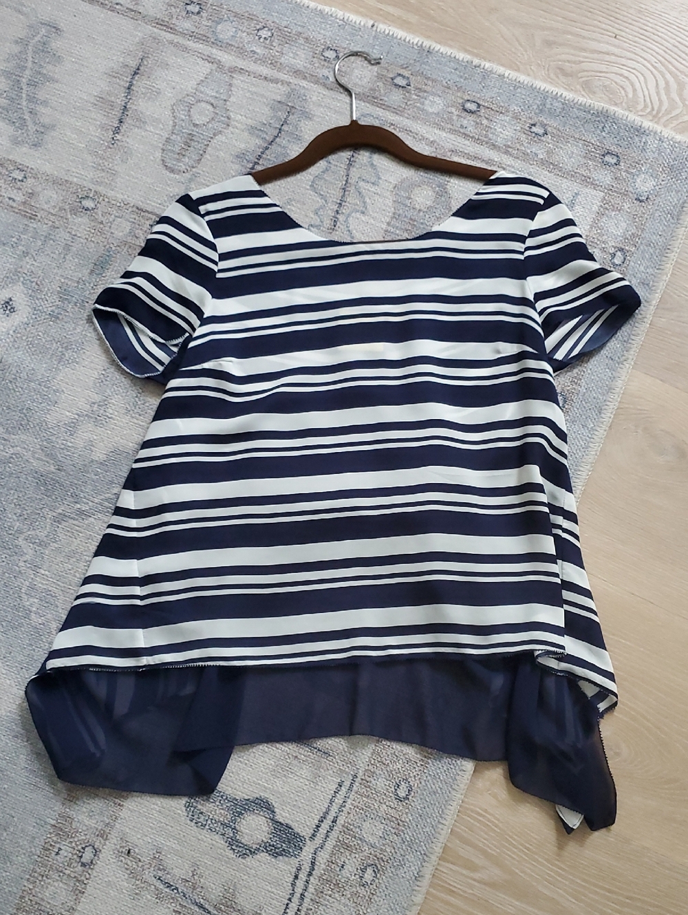 Anthropologie Maeve Navy White Striped Ruffle Sheer Back Top Shirt Blouse SzS